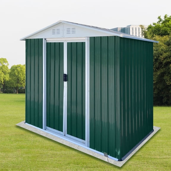 S-HOME 6FTx4FT Green Metal Apex Roof Garden Shed With Sliding Door For Safe Outdoor Tool And Equipment Storage
