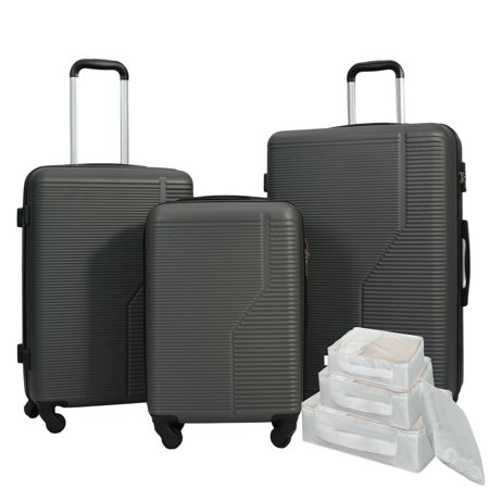 S-HOME 7-Pc Travel Set: 3 ABS Spinner Luggage (20/24/28") & 4 Storage Bags, TSA Lock, Lightweight