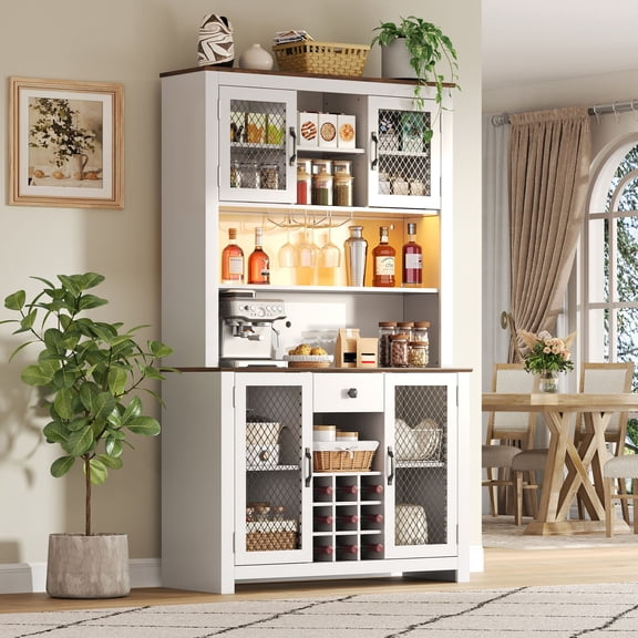 S-HOME 70.9" Kitchen Pantry Storage Cabinet With LED Outlets, Buffet Cabinet with Doors and Wine Rack for Dining Room,White