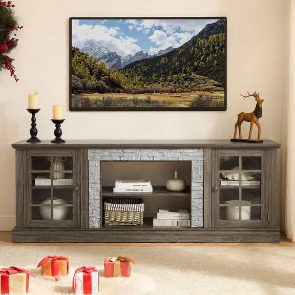 S-HOME 70 Inch TV Stand with Two Door Storage in Grey, Modern Faux Stone Entertainment Center for Living Rooms
