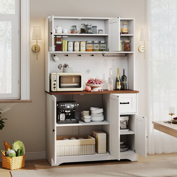 S-HOME 71" Freestanding Kitchen Pantry Cabinet with Countertop, Adjustable Shelves & Drawer, White