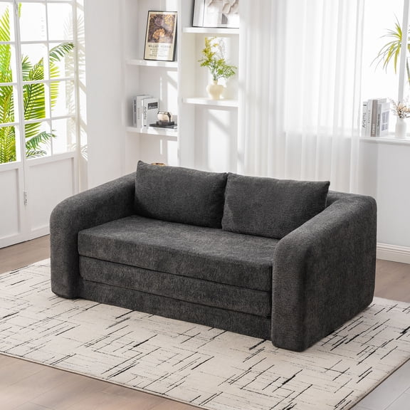 S-HOME 71 Inch 2-in-1 Convertible Chenille Loveseat Sofa Bed With Armrest And Backrest Pillows For Living Room Bedroom,Gray