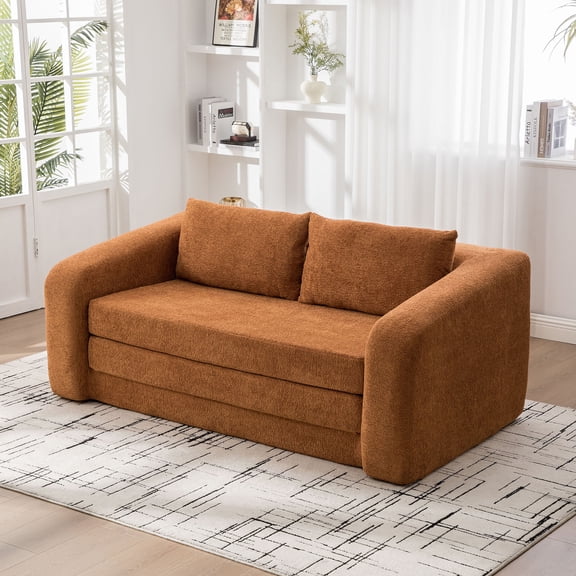 S-HOME 71 Inch 2-in-1 Convertible Chenille Loveseat Sofa Bed With Armrest And Backrest Pillows For Living Room Bedroom，Orange