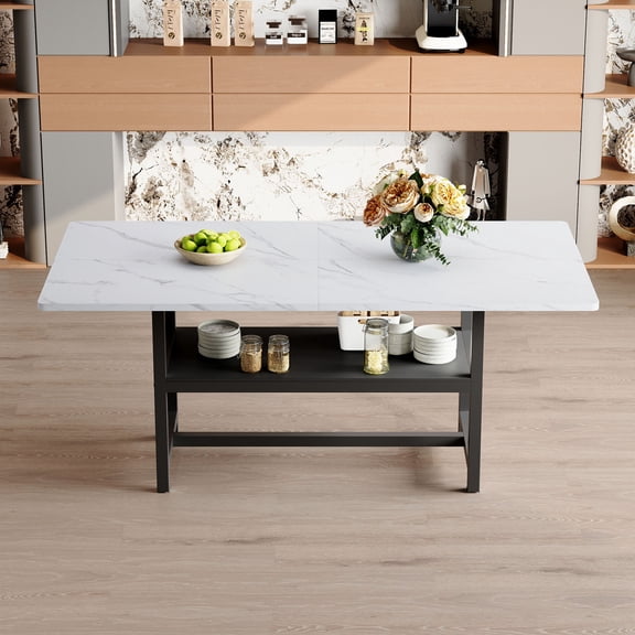 S-HOME 71 Inch Long Walnut Grain Dining Table with  Sprayed Metal Legs Perfect for Family Gatherings and Parties，White+Black