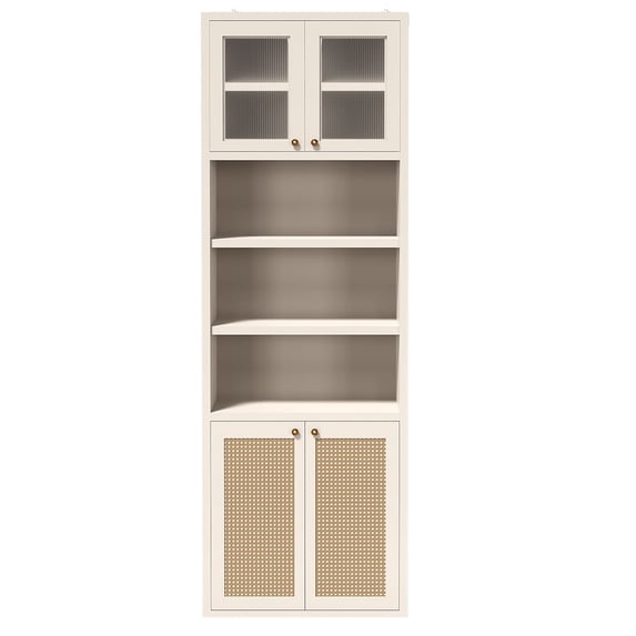 S-HOME 71” Tall Kitchen Pantry Cabinet Anti-Tip Organizer with Open Shelves and Rattan Doors Extra Deep 15.8 Inch for Storage Solutions, White