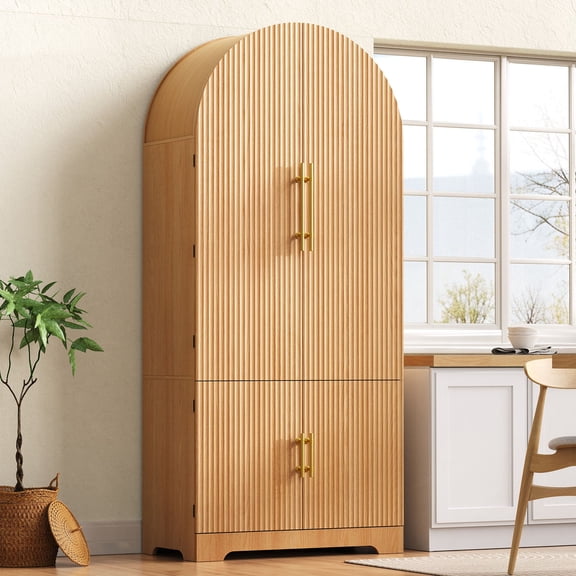 S-HOME 72 Inch Tall Arched Kitchen Pantry Cabinet in with 8 Door Shelves and Hidden Drawer for Comfortable Storage,Natural