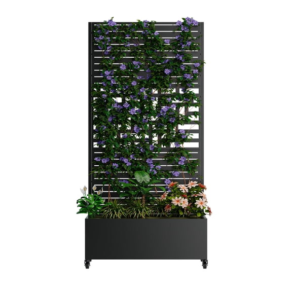 S-HOME 73"x35"x16" Black Metal Planter Box With Lockable Wheels, Trellis For Climbing Plants
