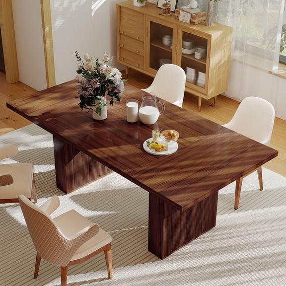 S-HOME 78" Rectangular Dining Table for 6-10, Industrial Farmhouse Fluted Design Long Kitchen Table with 500lb Capacity(Chairs not included.)