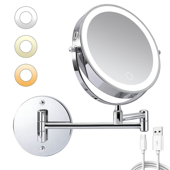 S-HOME 8 Inch Rechargeable Wall Mounted Makeup Mirror With 360 Degree Rotation Double-Sided 1X/10 Shaving Mirror Lights,Chrome