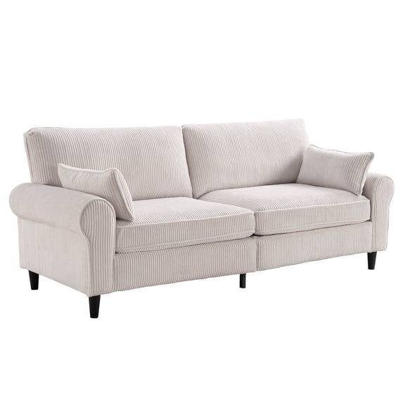 S-HOME 80.7 Inch Rolled Arm Design Corduroy Loveseat Sofa 2-Seater with Hybrid Iron & Wood Frame Couch for Living Room Apartment, White