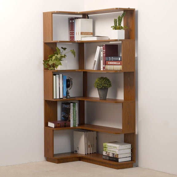 S-HOME 90cm Freestanding L-Shaped Corner Bookshelf with 5-Tiers for Living Room and Home Office Open Wooden Bookcase