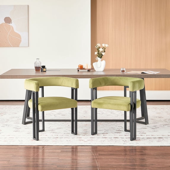 S-HOME Accent Armchairs in Green with Black Metal Frame, Set of 2 Dining Room Chairs