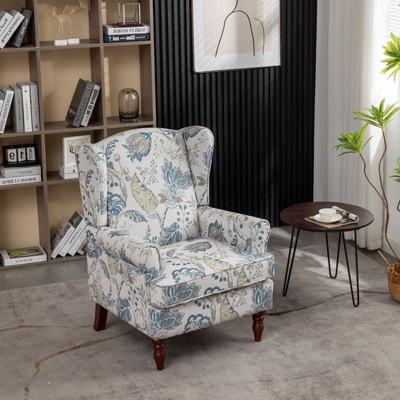 S-HOME Accent Chair with Retro Wood Legs, Floral Design Upholstered Armchair for Living Room Office and Bedroom Comfort