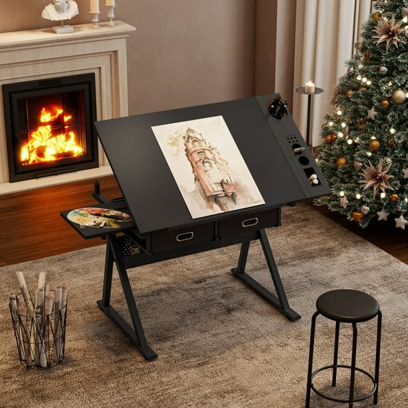 S-HOME Adjustable Drawing Drafting Table Desk With 2 Drawers And Stool For Home Office And School Use In Contemporary Style,Black