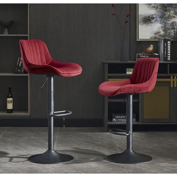 S-HOME Adjustable Height Velvet Bar Stool Set Of 2 With Chrome Footrest And Base Mechanical Lifting Stylish Red Design