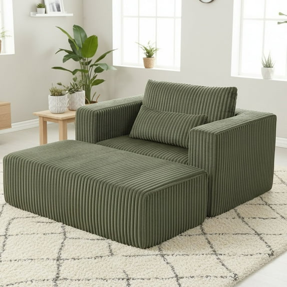 S-HOME All-Foam Corduroy Lounge Chair in with Ottoman, Modular Deep-Seat Floor Couch for Cozy Living Spaces,Green