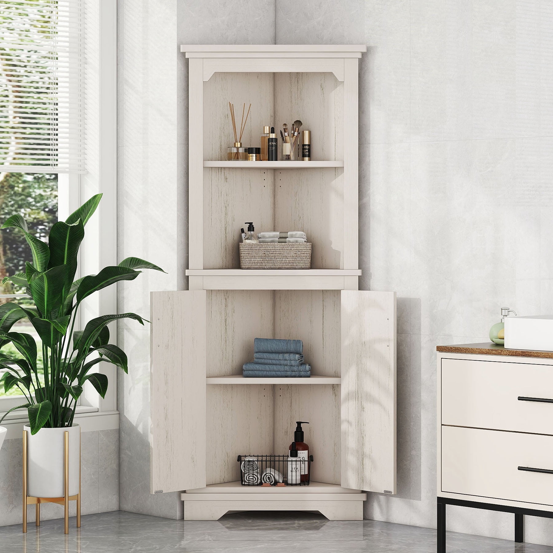 S-HOME Ample Storage Tall Corner Cabinet with Doors and Shelves For Living Room or Bathroom Stylish MDF Furniture, Beige