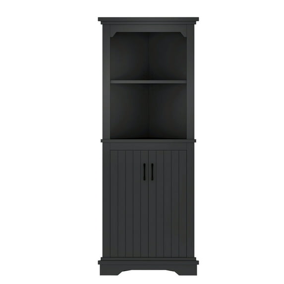 S-HOME Ample Storage Tall Corner Cabinet with Doors and Shelves For Living Room or Bathroom Stylish MDF Furniture, Black
