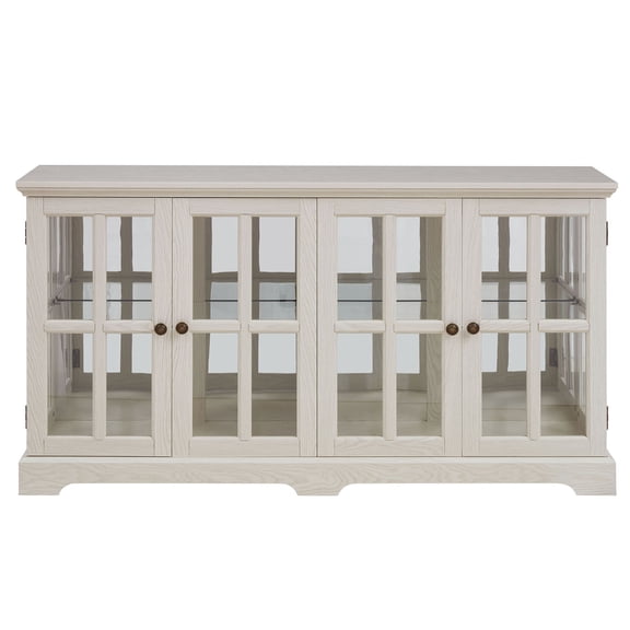 S-HOME Antique Design Four Door Display Case With Remote Controlled LED Lights Glass Shelves For Showcasing, White
