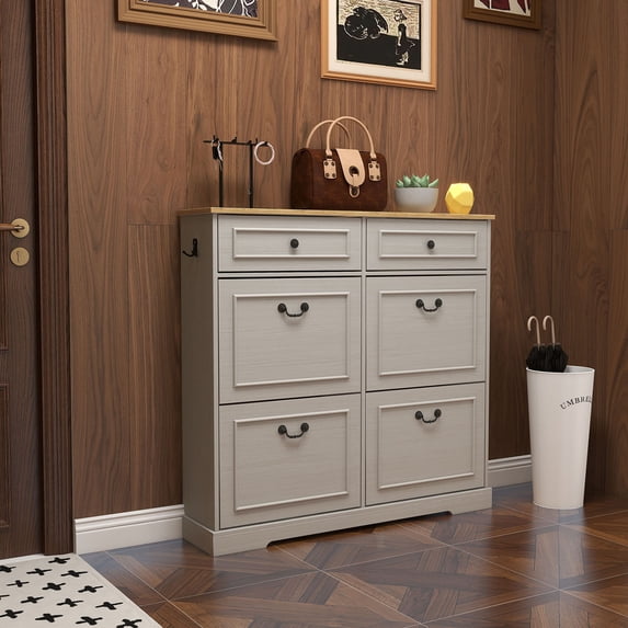 S-HOME Antique White Shoe Storage Cabinet with Adjustable Shelves and 4 Drawer for Stylish Organizing