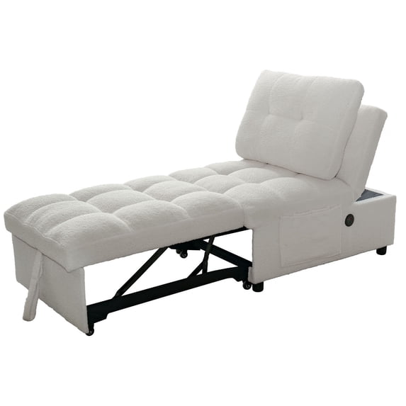 S-HOME Armless Minimalist Design Single Sofa Bed In White Teddy Fabric with Side Pockets And Adjustable Backrest, USB Charging Port, for Apartment Living Rooms