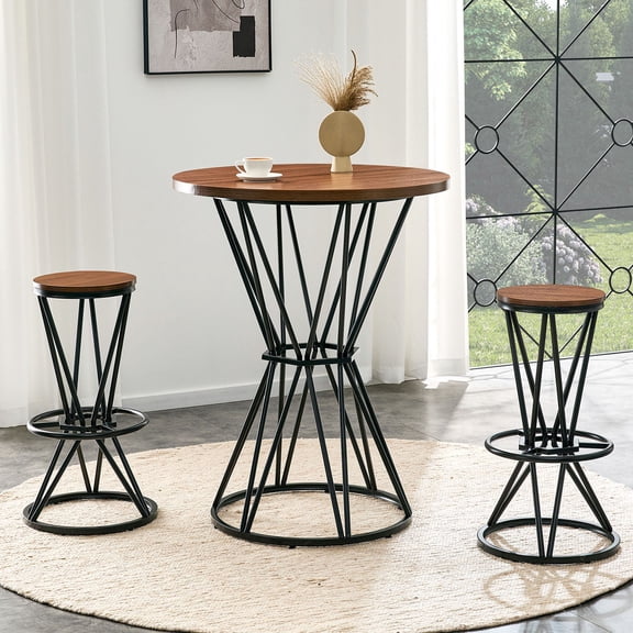 S-HOME Bar Table And Chair Set With Grain MDF Top And Black Metal Frame, Seats 2 For Kitchen