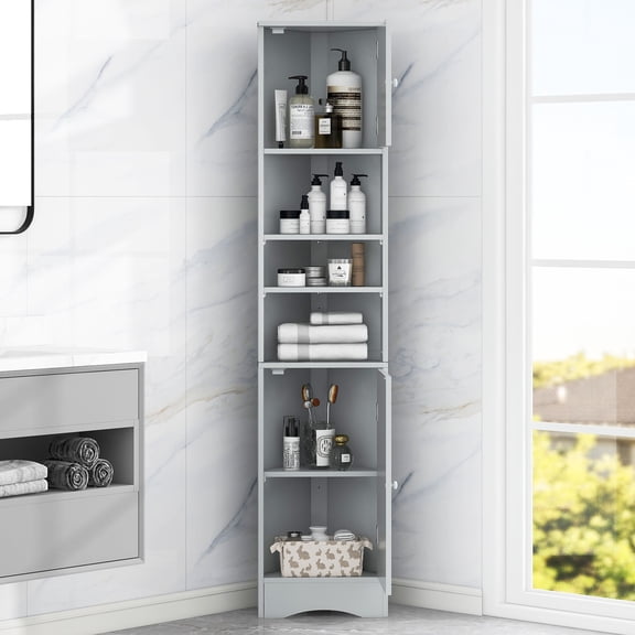 S-HOME Bathroom Corner Storage Cabinet with Two Doors and Adjustable Shelves, Space-Saving Open Shelf Design，Grey