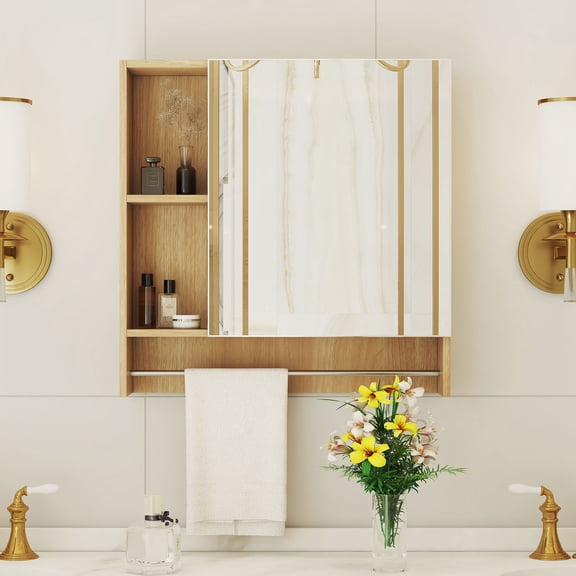 S-HOME Bathroom Mirror Cabinet Featuring Convenient Shelves, Wall Mounted Design With Towel Rack Included