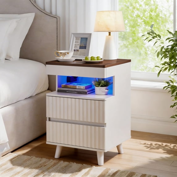 S-HOME Bedside Table with Gun Drawer and Charging Station, 2 Drawers and Open Shelf, Functional Nightstand for Bedroom,White