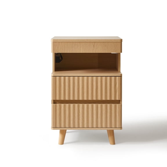 S-HOME Bedside Table with Gun Drawer and Charging Station, 2 Drawers and Open Shelf, Functional Nightstand for Bedroom