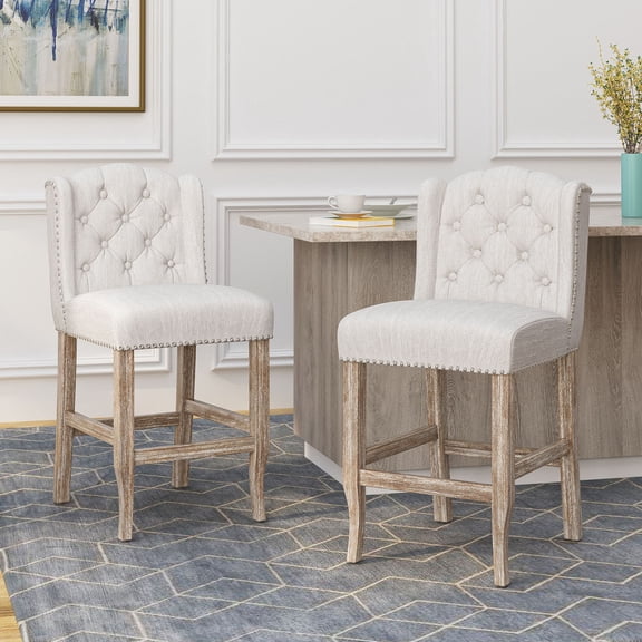 S-HOME Beige Contemporary Fabric Tufted Wingback Counter Stools, Set of 2, 26.78 Inch Seat Height for Dining