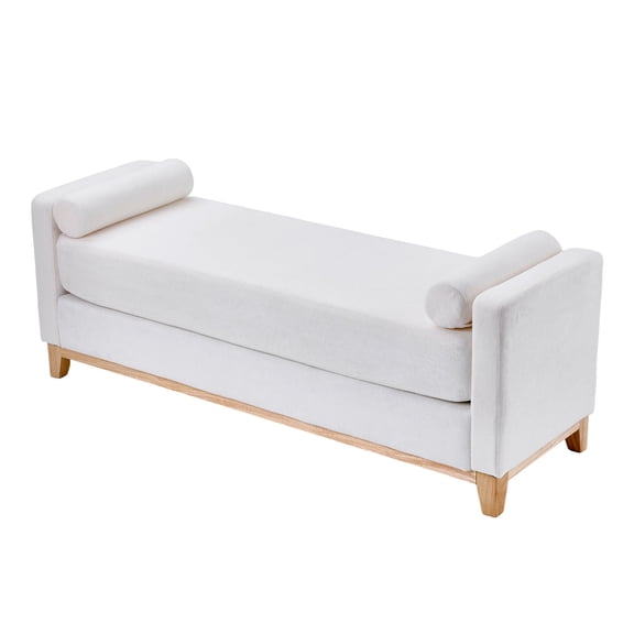 S-HOME Beige Sherpa Fleece Upholstered Daybed Ottoman with Solid Wood Legs and 2 Bolster Pillows for Living Room