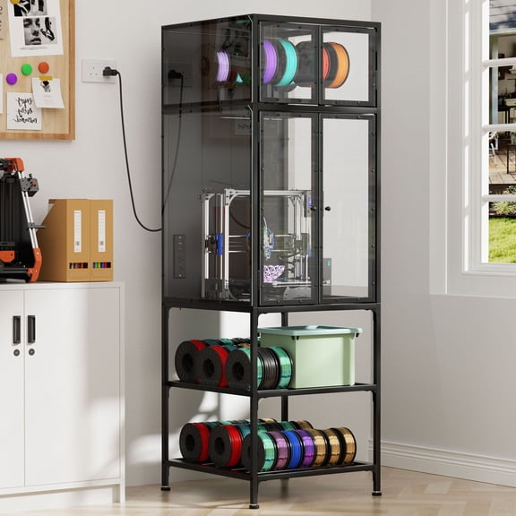 S-HOME Black 3D Printer Cabinet with Double Layer Filament Storage Rack and Noise-Reducing Design, for Studio and Office Use