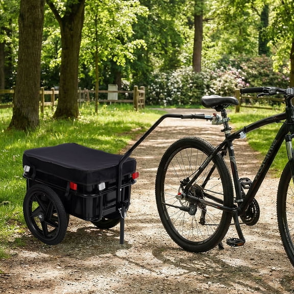 S-HOME Black Bike Cargo Trailer with Metal Frame and Removable Storage Box, Removable Waterproof Cover,Support Bar, for Transporting Gear and Groceries Outdoors