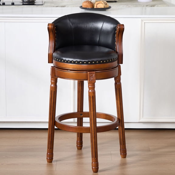 S-HOME Black Cow Top Leather Barstool With Curved Backrest And Wood Frame 360 Degree Swivel For Kitchen And Dining Uses