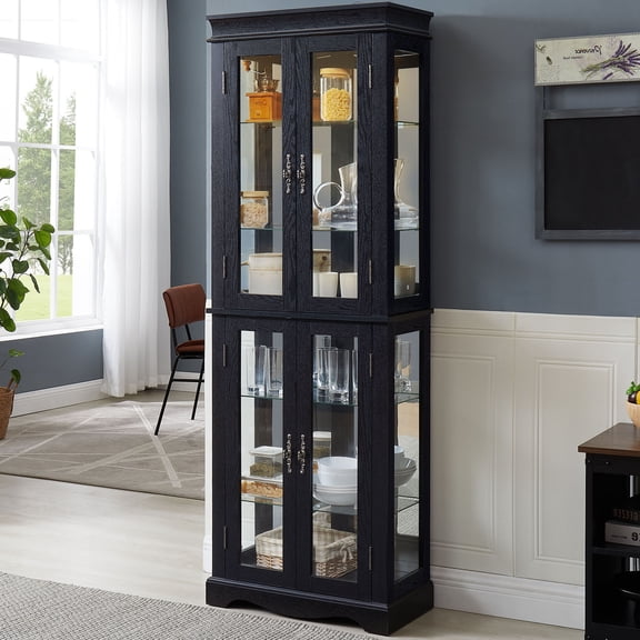S-HOME Black Wood Frame Glass Display Cabinet with Illuminated Showcase, Six-Tier Design , and Adjustable Shelves forShowcasing Collectibles and Decor