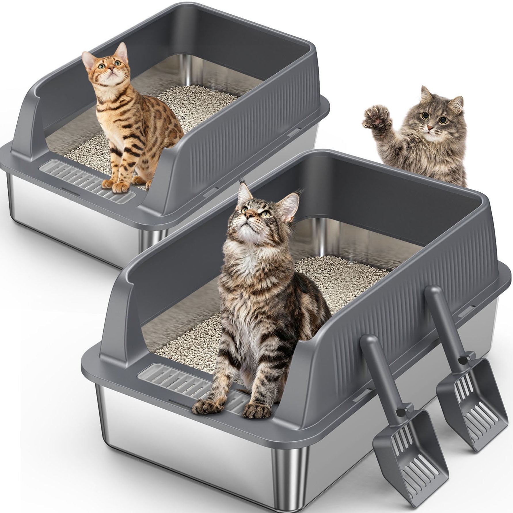 S-HOME Black and Silver Stainless Steel Cat Litter Box 22.83 x 14.60 with High Sides and Litter Scoop, Odor-Resistant Design
,  2 Sets