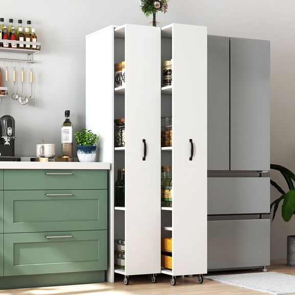 S-HOME Bookcase With Two Pulled Out Doors, 4 Tier Floor Standing Storage Cabinet With Wheels