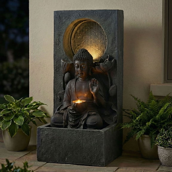 S-HOME Buddha Water Fountain with Recirculating Pump 28 Inch Grey Resin Outdoor Decor for Zen Garden or Meditation Area