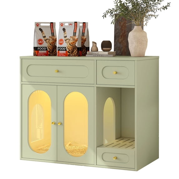 S-HOME Cat Litter Box Enclosure With LED Light, Hidden Pet House Furniture With Storage Drawers, Indoor Style for Living Room