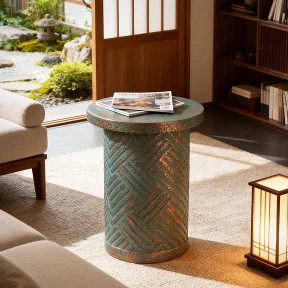 S-HOME Cement Outdoor Accent Table in Small Round Design Perfect for Patio and Garden Use as Side or Drum Table