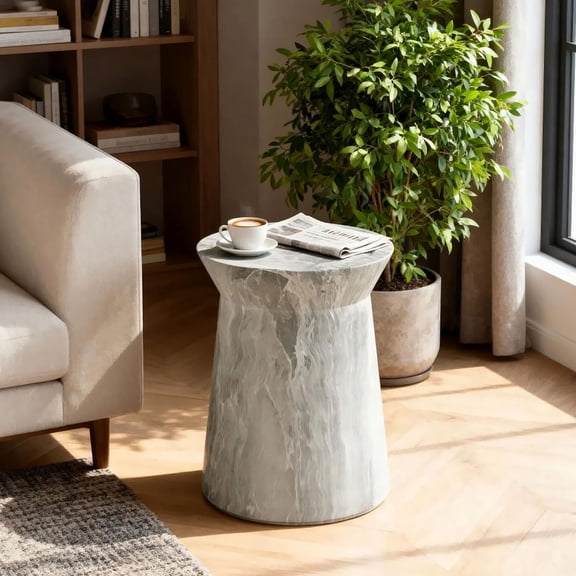S-HOME Cement Outdoor Accent Table in Small Round Design Perfect for Patio and Garden Use as Side or Drum Table