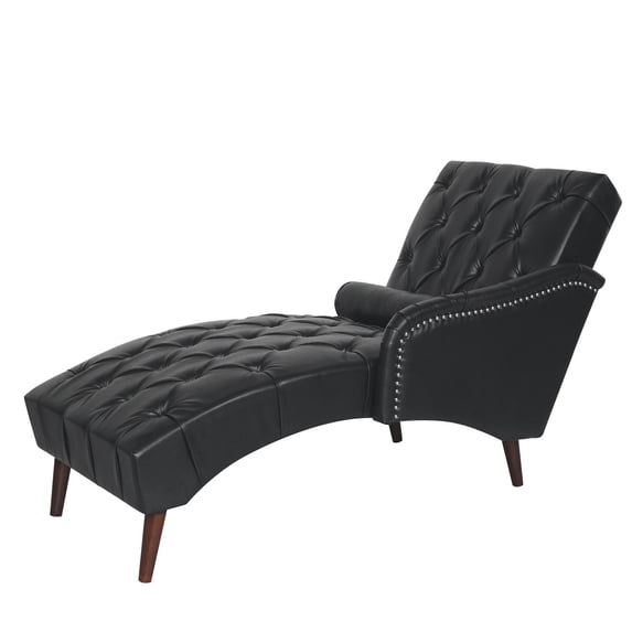 S-HOME Chaise Lounge Arm Chair in Classic PU Leather with Tufted Back and Pillow, for Living Room or Bedroom , Black