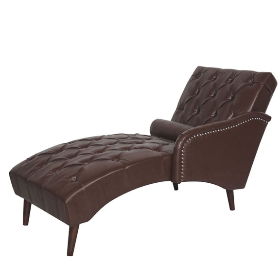 S-HOME Chaise Lounge Arm Chair in Classic PU Leather with Tufted Back and Pillow, for Living Room or Bedroom , Dark Brown