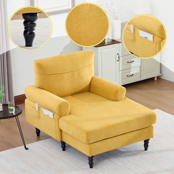 S-HOME Chenille Fabric Chaise Lounge Recliner Sofa in with Comfortable Backrest Ideal for Bedroom or Office Use,Mustard yellow