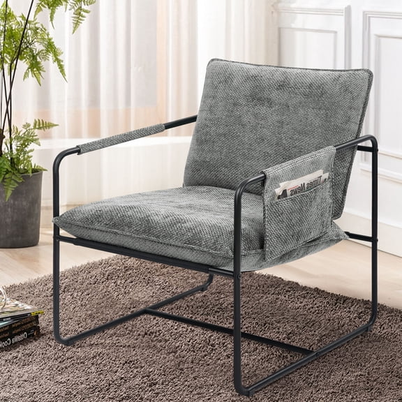 S-HOME Chenille Upholstered Accent Chair with Metal Frame and Cushions Reading Armchair for Living Spaces and Bedrooms, Gray