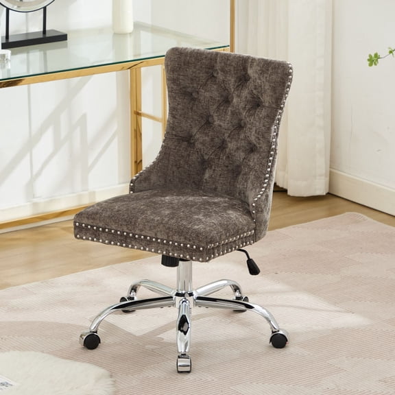 S-HOME Classic Chenille Desk Chair with Hand-Pulled Buttons and Chrome Base, Ergonomic Design for Long Hours of Study or Work, Gray