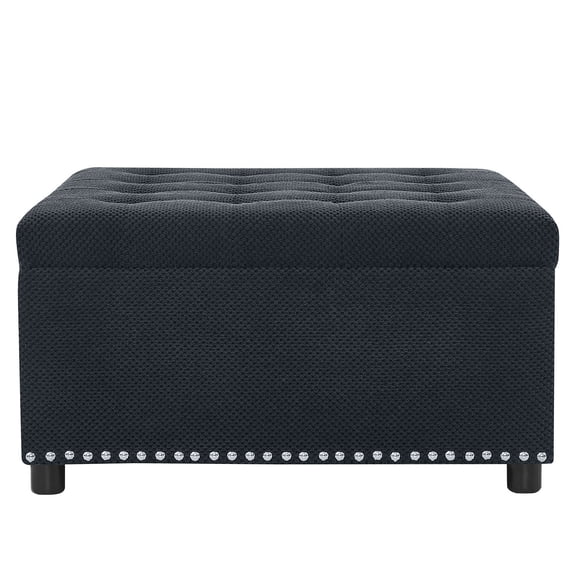 S-HOME Classic Tufted Design Storage Ottoman With Nailhead Trim 30 Inch Square Upholstered Footstool For Living Room Or Bedroom Decor, Black