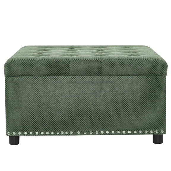 S-HOME Classic Tufted Design Storage Ottoman With Nailhead Trim 30 Inch Square Upholstered Footstool For Living Room Or Bedroom Decor, Green