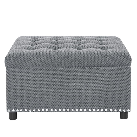 S-HOME Classic Tufted Design Storage Ottoman With Nailhead Trim 30 Inch Square Upholstered Footstool For Living Room Or Bedroom Decor, Light Gray